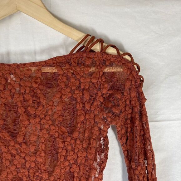 Intimately Free People Burnt Orange Lace Top Lattice Tie Sleeves Sz XS - Picture 3 of 9